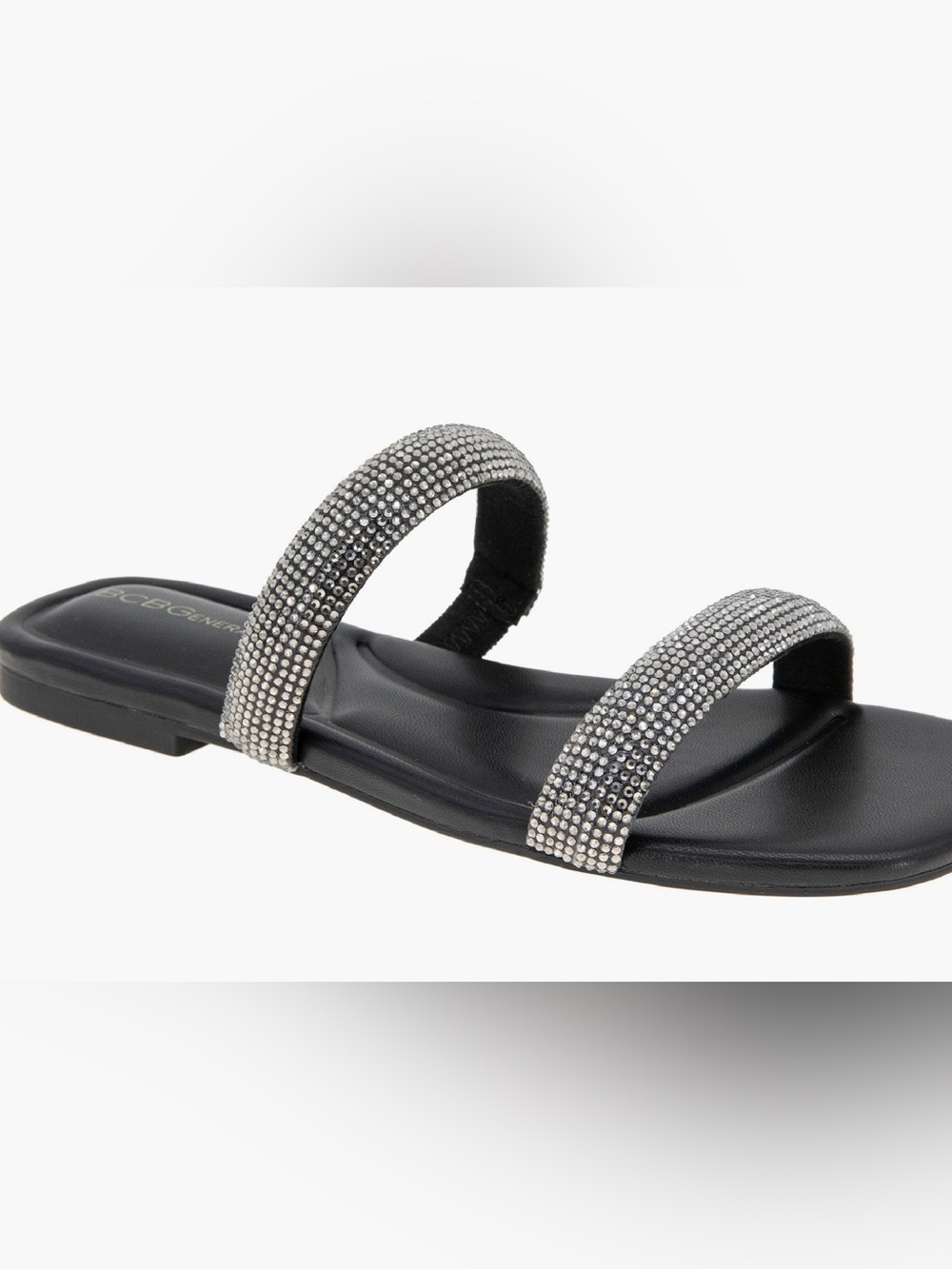 BCBGeneration Black Slide Sandals with Silver Crystal Straps
